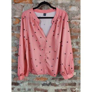 Pink Blouse Womens Plus Size 1x Heart Polka Dots Long Sleeve Loose D